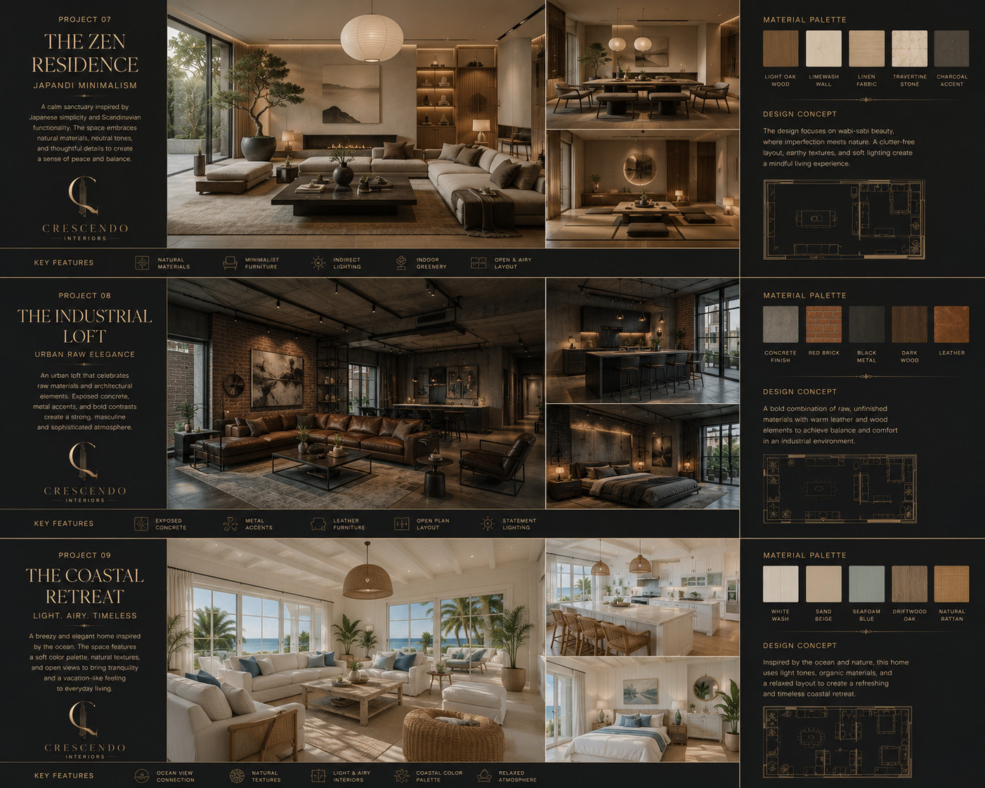 Crescendo Interiors presentation board from June 2026 showing Project 07 The Zen Residence, Project 08 The Industrial Loft and Project 09 The Coastal Retreat, with material palettes and plan sketches.