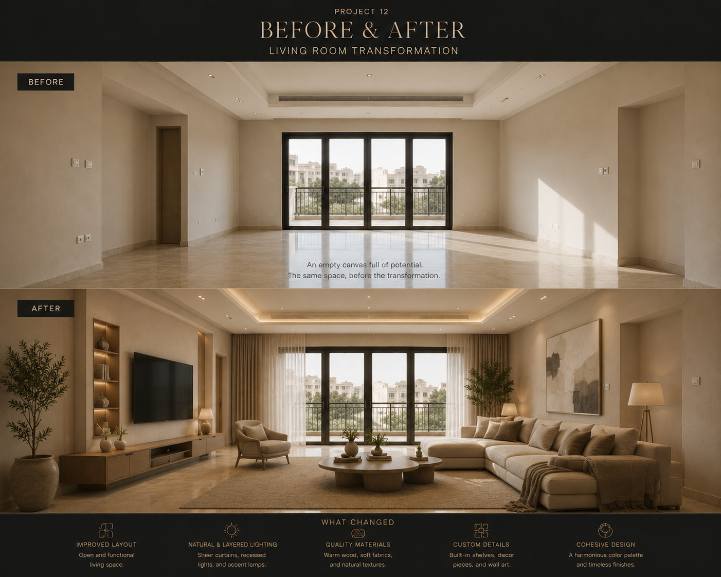 Concept board comparing an empty living room with a furnished design of the same space, with notes on layout, lighting, materials, built-in details and palette.