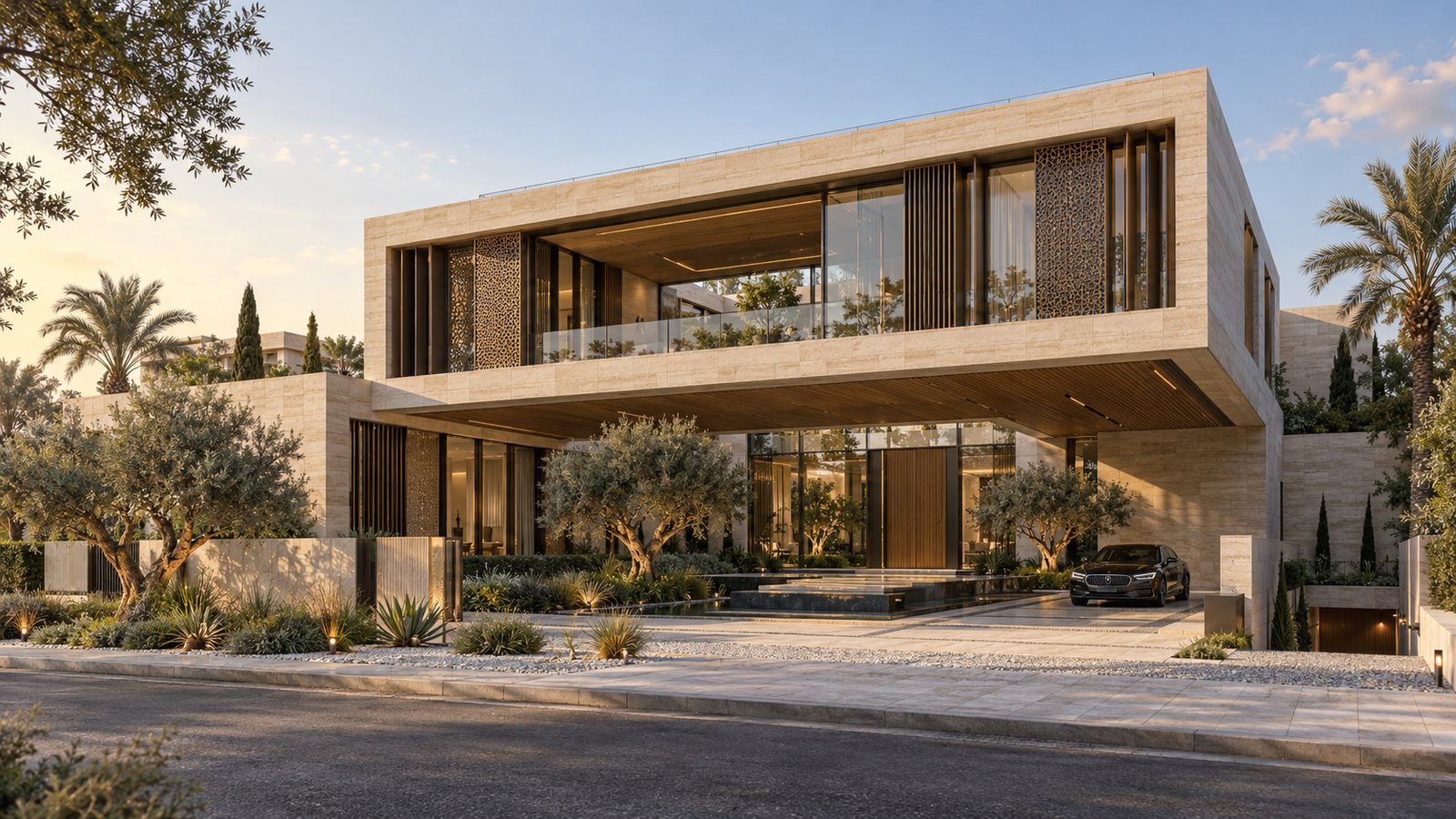 Two-storey limestone villa with a cantilevered upper floor, bronze perforated screens and full-height glazing, seen from the street among olive trees and palms.