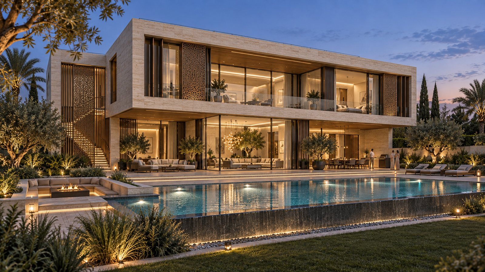Rear of a limestone villa at blue hour, with lit interiors, a long pool, a sunken fire-pit seating area and a planted garden.