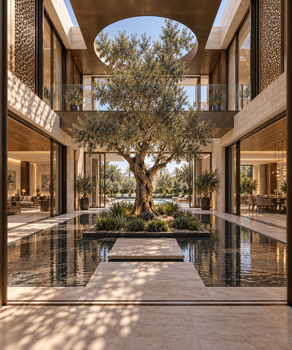Central courtyard with an olive tree on a planted island in a reflecting pool, open to the sky through a circular roof opening and framed by bronze screens.