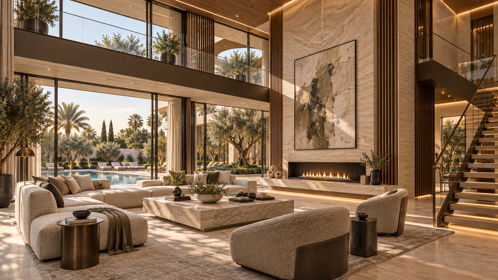 Double-height living room in travertine with a linear fireplace, large abstract artwork, bouclé seating, an open stair and glazing to the pool and olive garden.