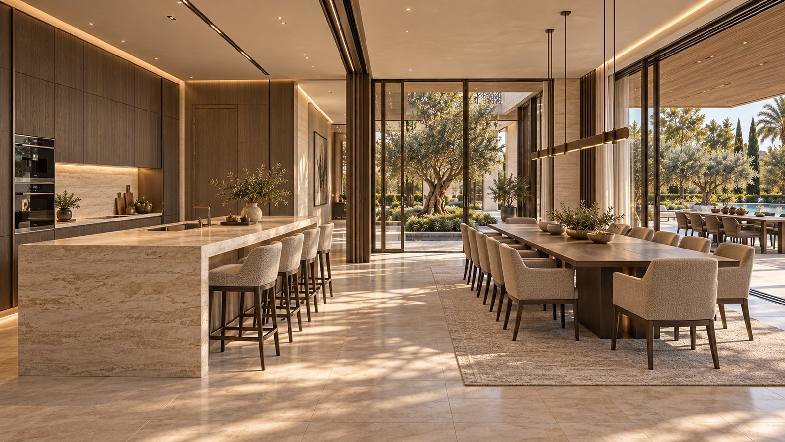 Kitchen with a travertine island and bar stools beside a long dining table, opening through glass doors to a courtyard with olive trees.