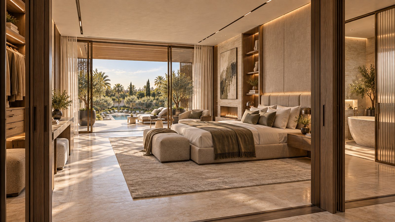 Primary bedroom with a upholstered headboard, fireplace, walk-in wardrobe and glass doors opening to an olive garden and pool.