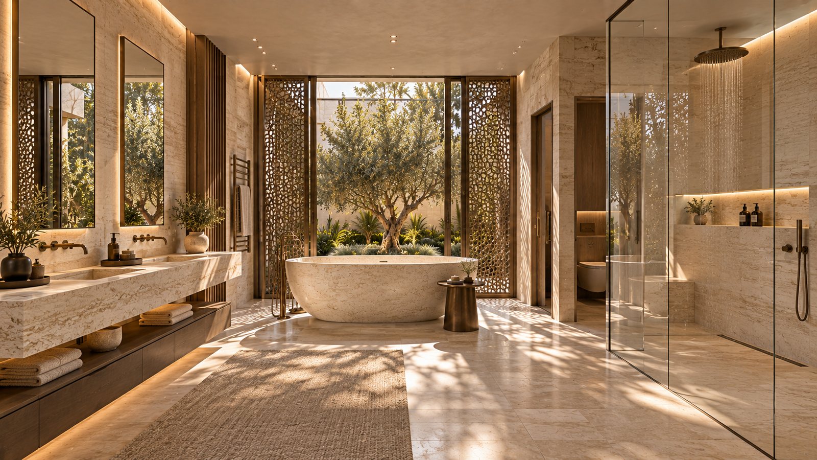 Travertine spa bathroom with a freestanding stone bath in front of bronze perforated screens and a small olive garden, a double vanity and a glass shower.