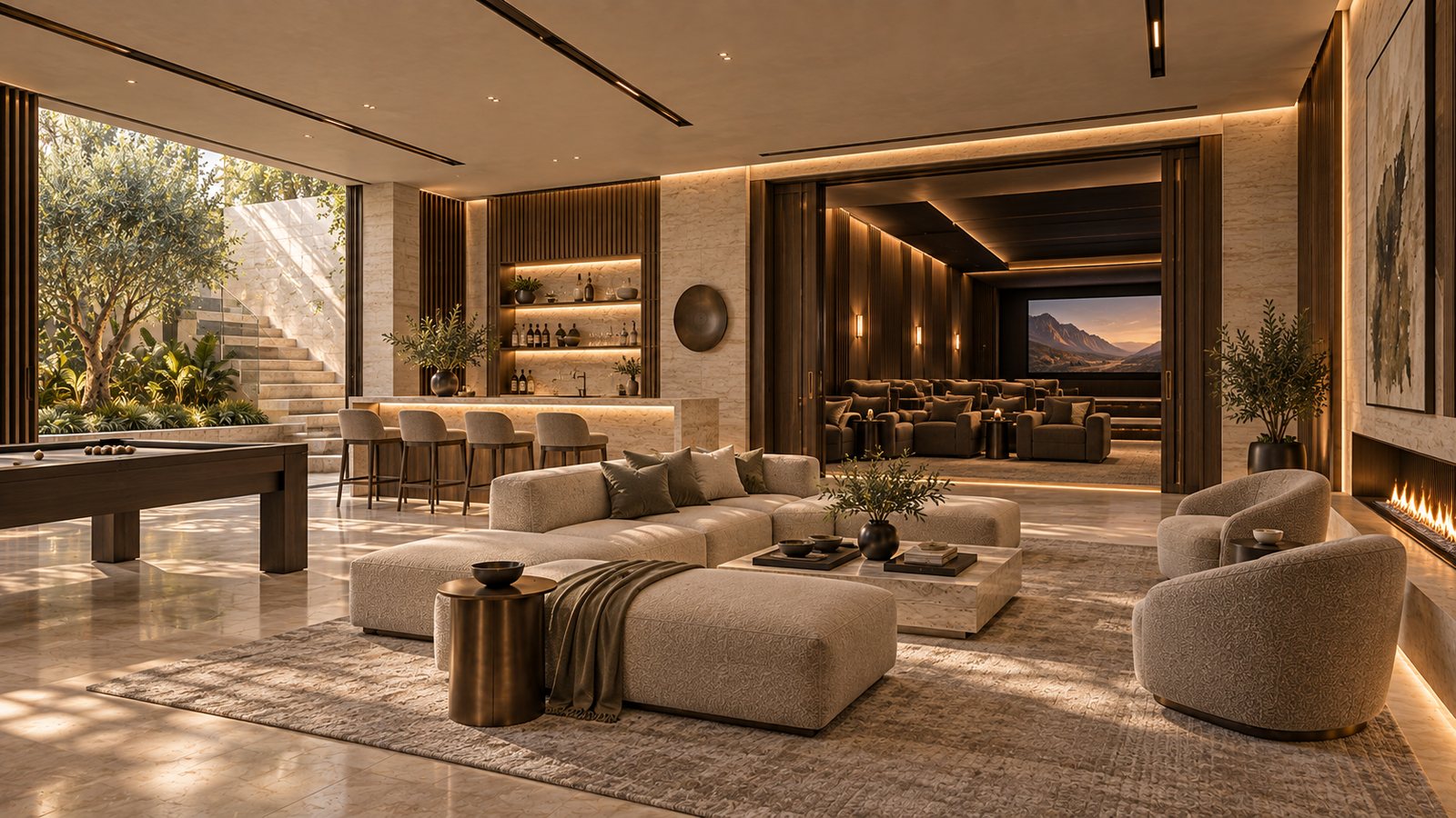 Sunken lounge with bouclé sofas, a billiards table, a bar and a cinema room behind, opening to a courtyard with steps and an olive tree.