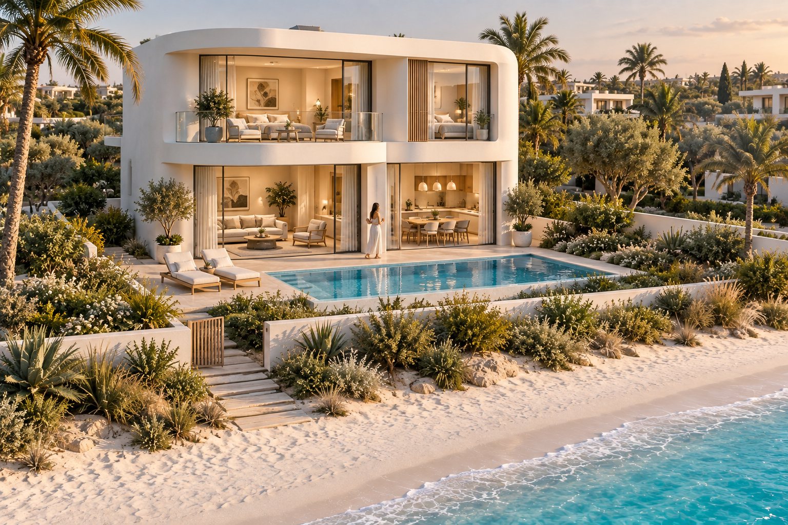 Compact pearl-white two-storey villa with a pool terrace, planted dunes and steps down to a white beach and turquoise sea.