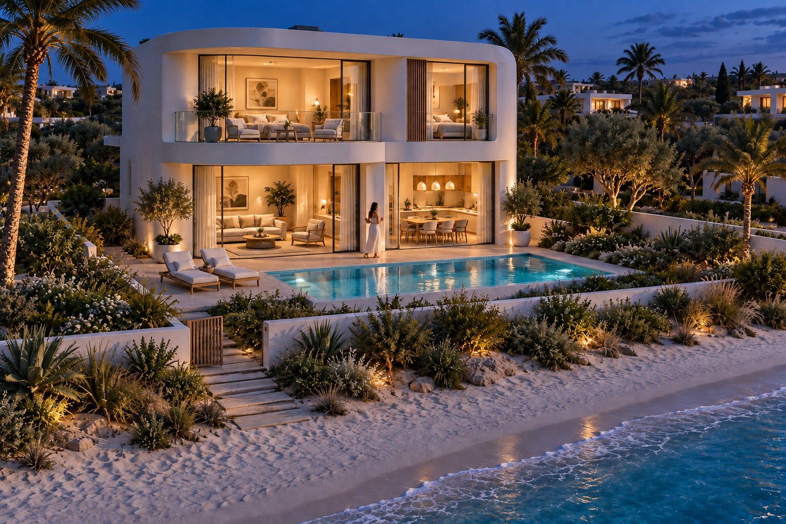 The same compact white villa at blue hour, with warm lit interiors, a glowing pool and garden lighting above the beach.