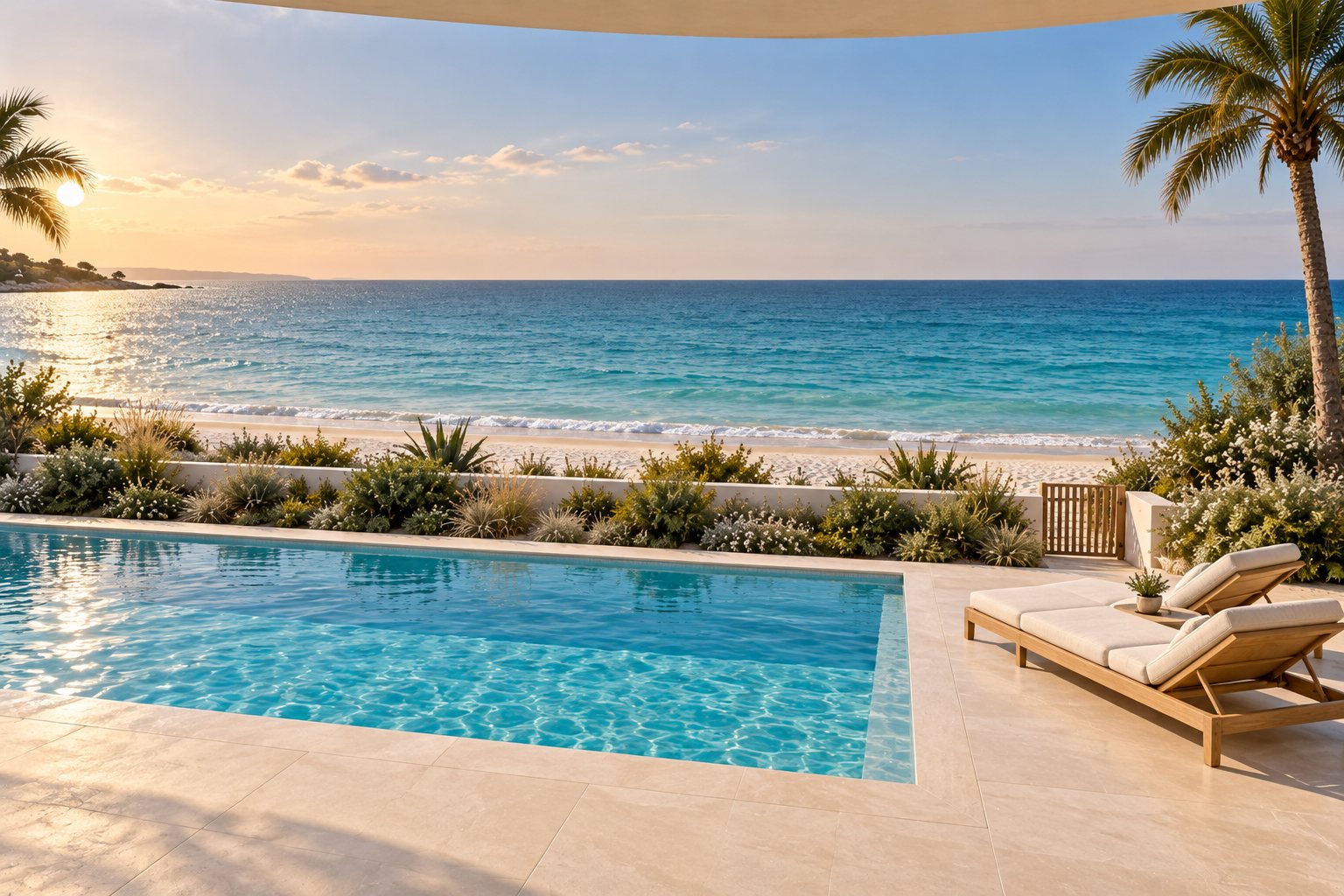 Pool terrace with a sun lounger, low planting and a wide view over the beach to a turquoise sea at sunset.