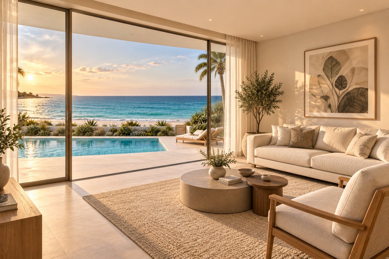 Bright living room with a cream sofa, oak armchair and round coffee tables, opening through sliding glass to the pool and sea.