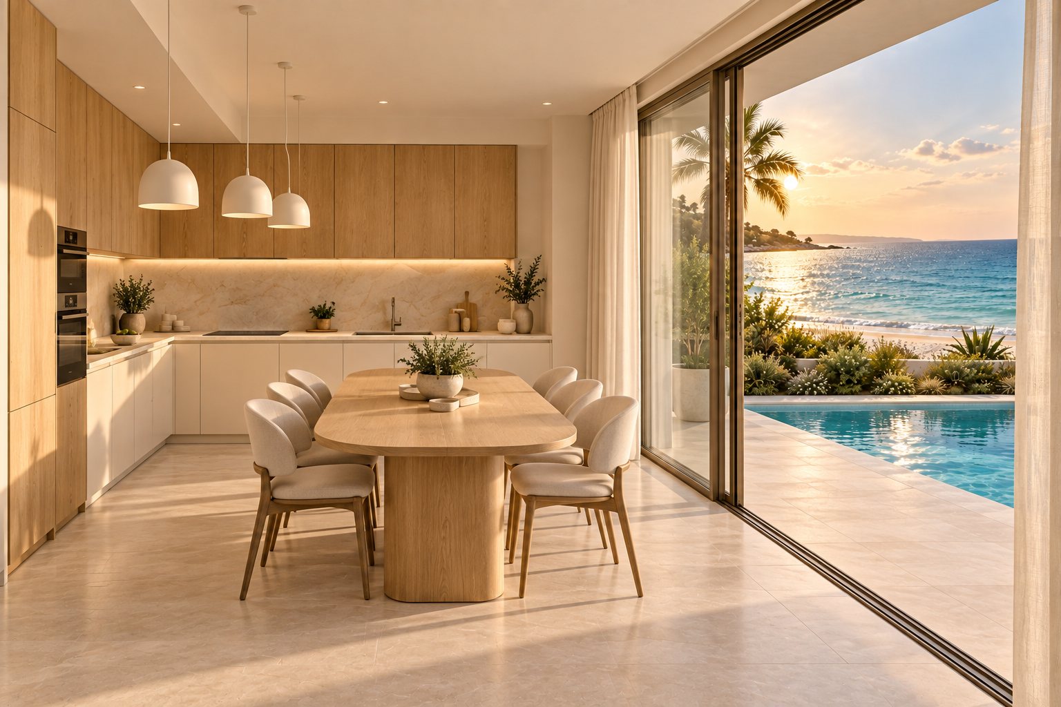 Kitchen with warm oak cabinetry and white pendants above an oval oak dining table, next to glass doors onto the pool terrace and sea.