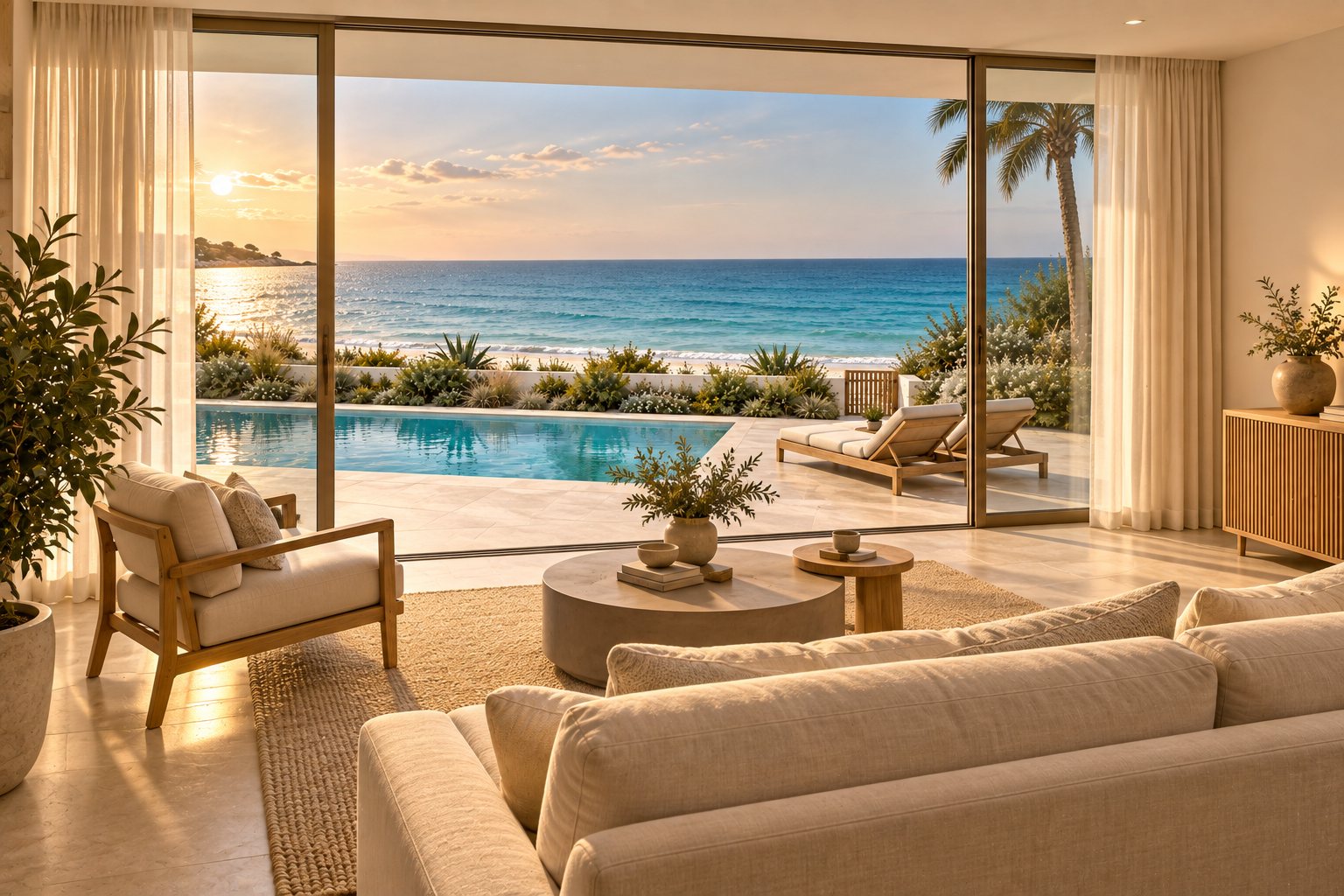 View from behind a cream sofa across the living room, through open glass doors to the pool, sun loungers and the sea.