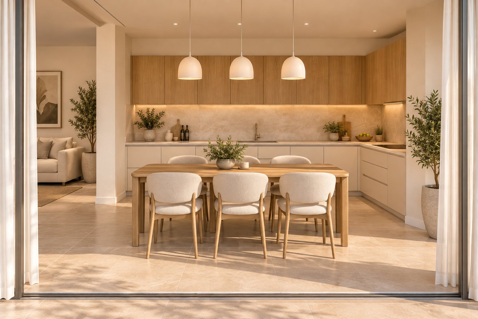 Front view of an oak and white kitchen with three pendant lights over a dining table with bouclé chairs.