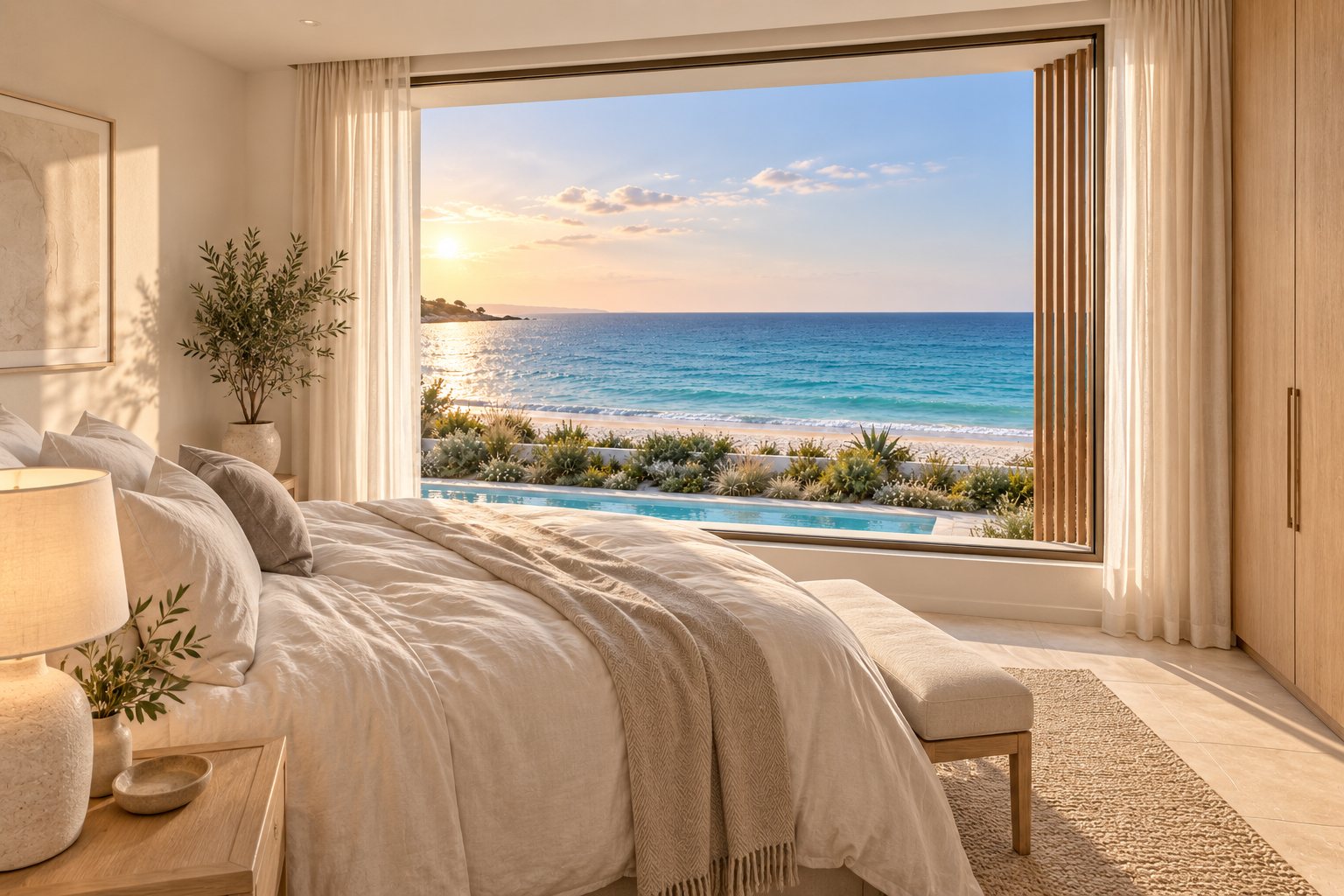 Bedroom with a linen-dressed bed facing a wide window onto the pool terrace, beach and sea at sunset.
