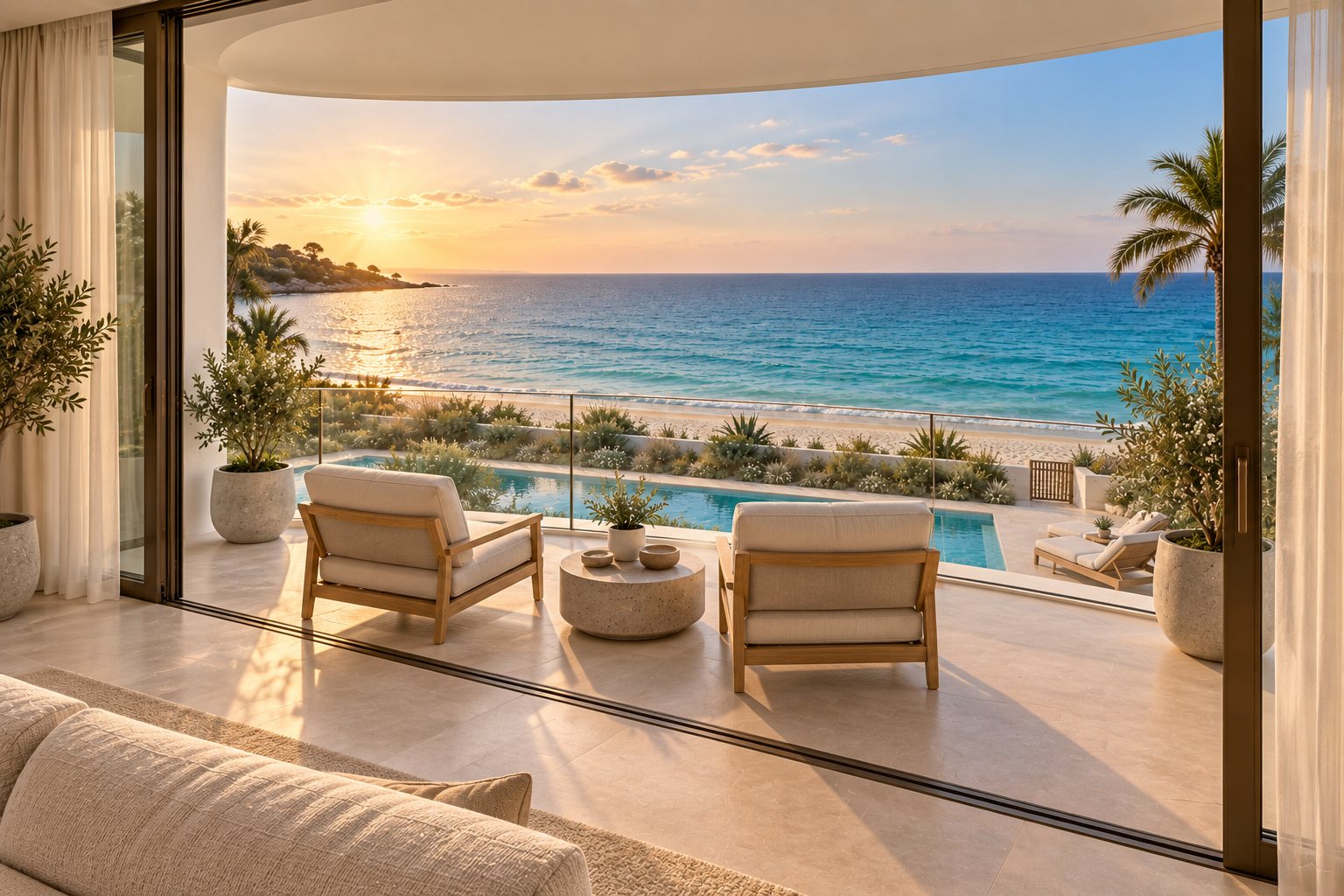 Curved balcony with two oak lounge chairs above the pool, overlooking the beach and the sea.