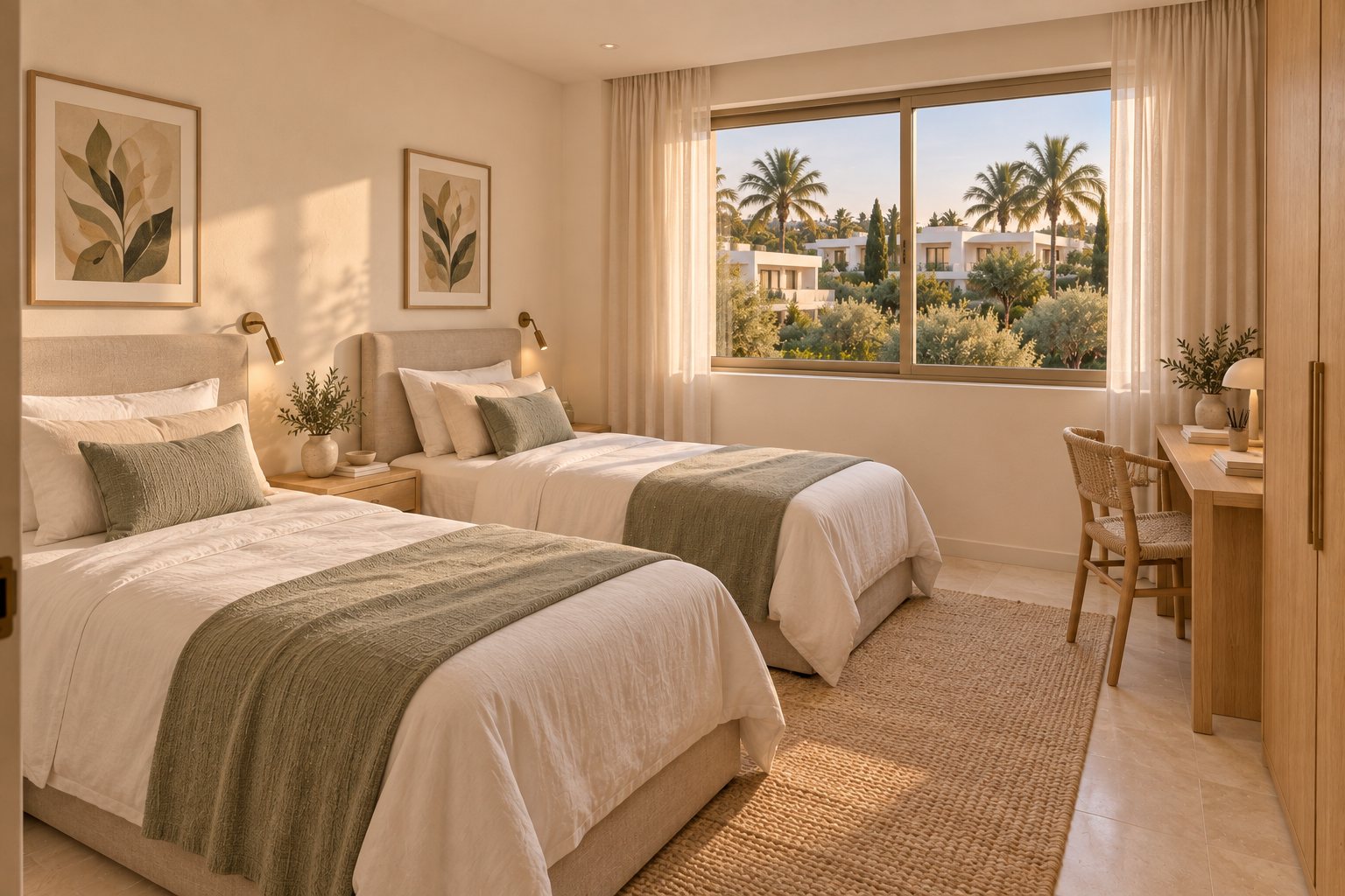Twin bedroom in ivory and sage with oak details, a small desk and a window onto a garden of palms.