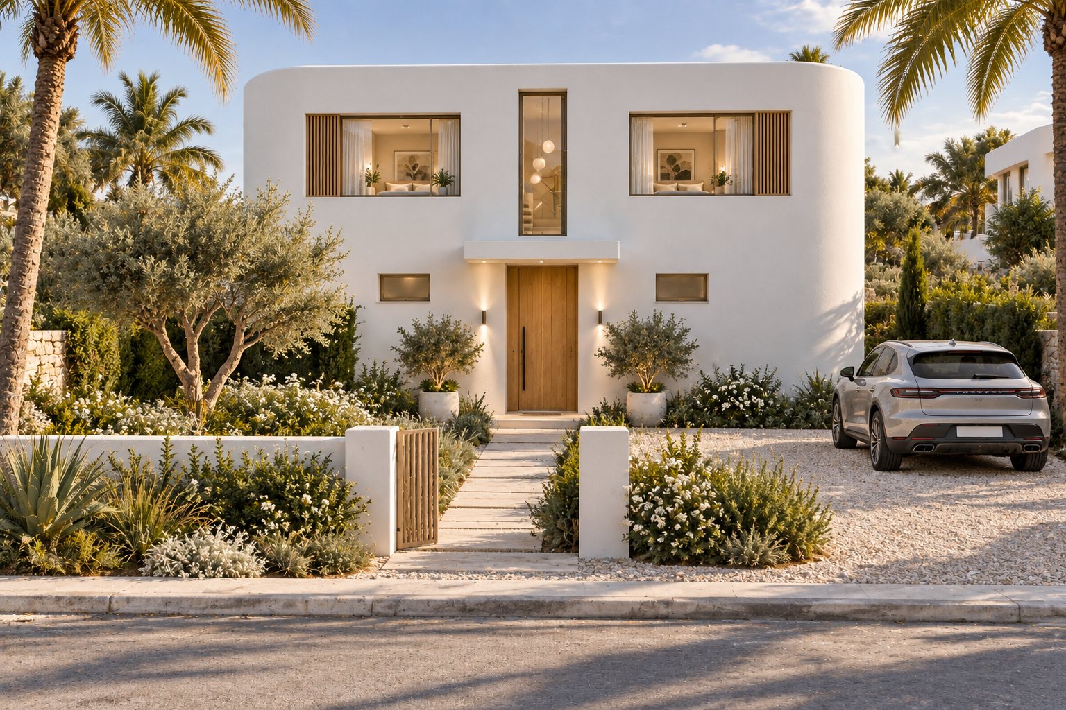 Rounded white villa seen from the street, with an oak front door, low garden walls, olive trees and a gravel drive.