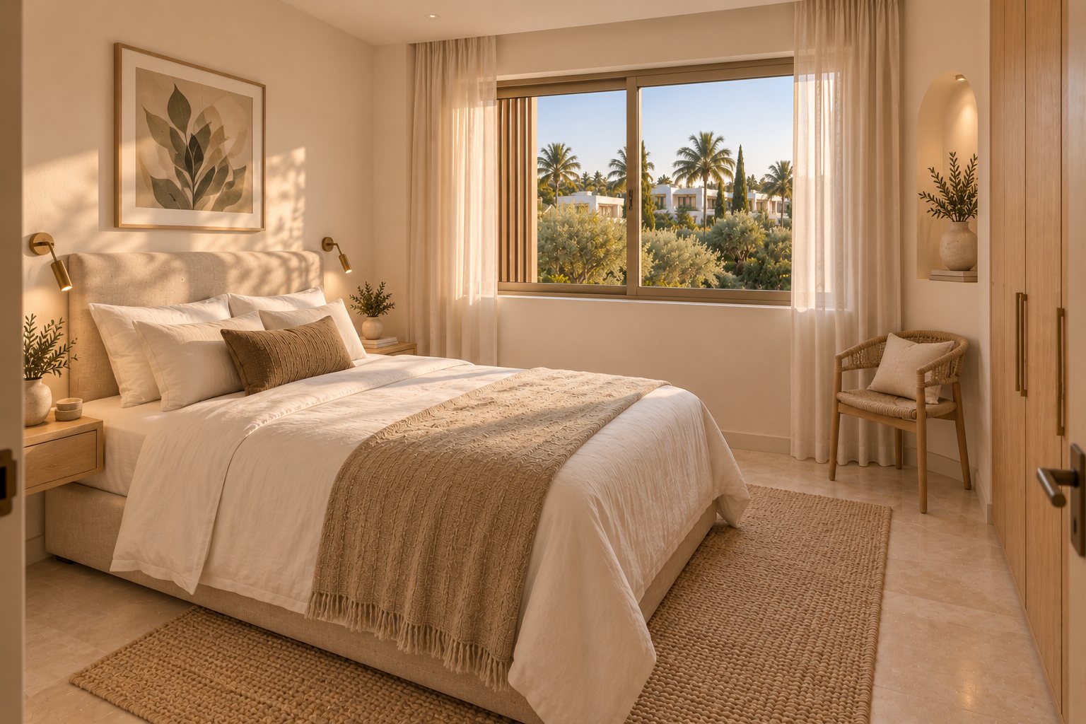 Queen bedroom in ivory and warm beige with a woven rug, an oak chair and a window onto a palm garden.