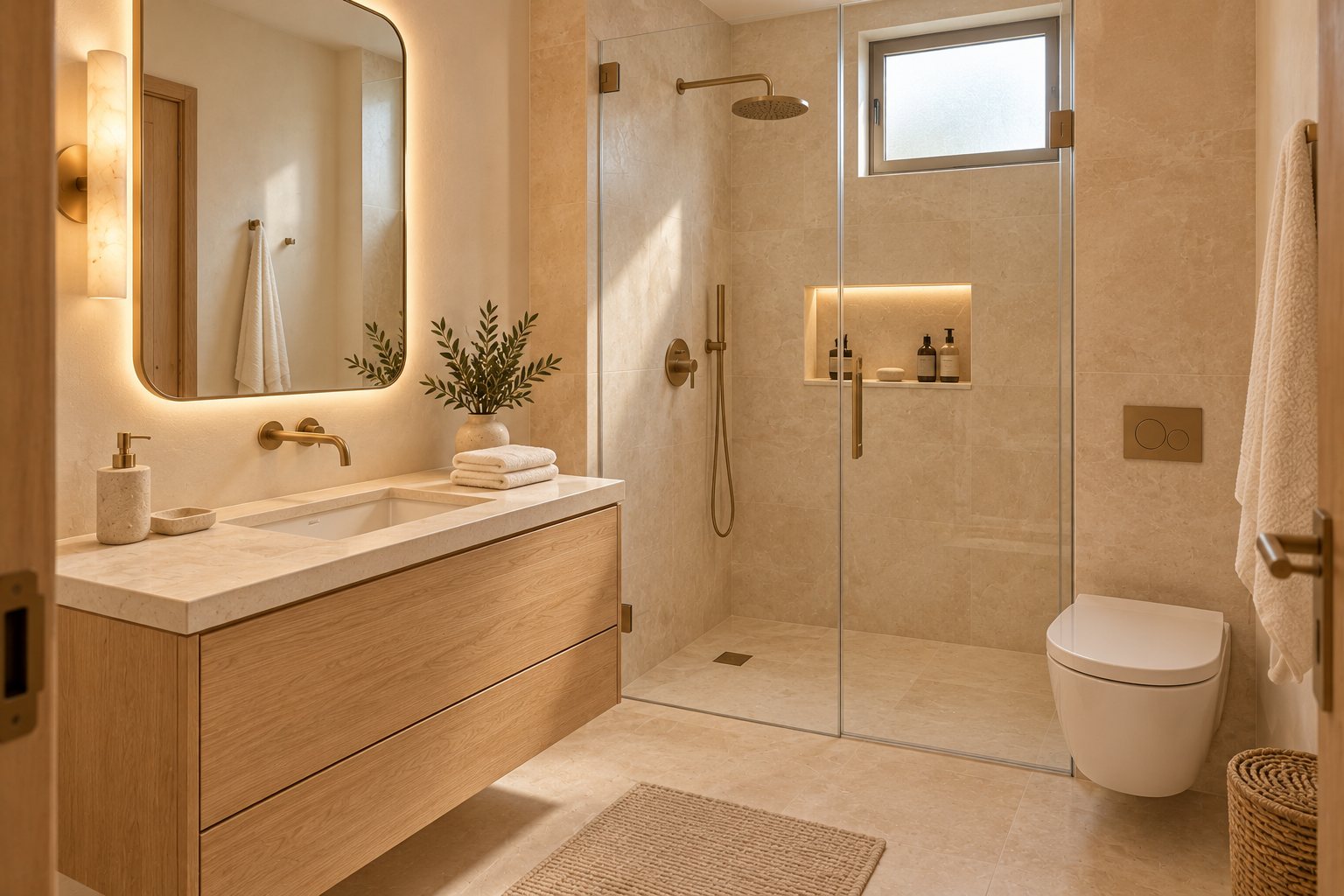 Compact bathroom in pale limestone with an oak vanity, backlit mirror, brass fittings and a glass walk-in shower.