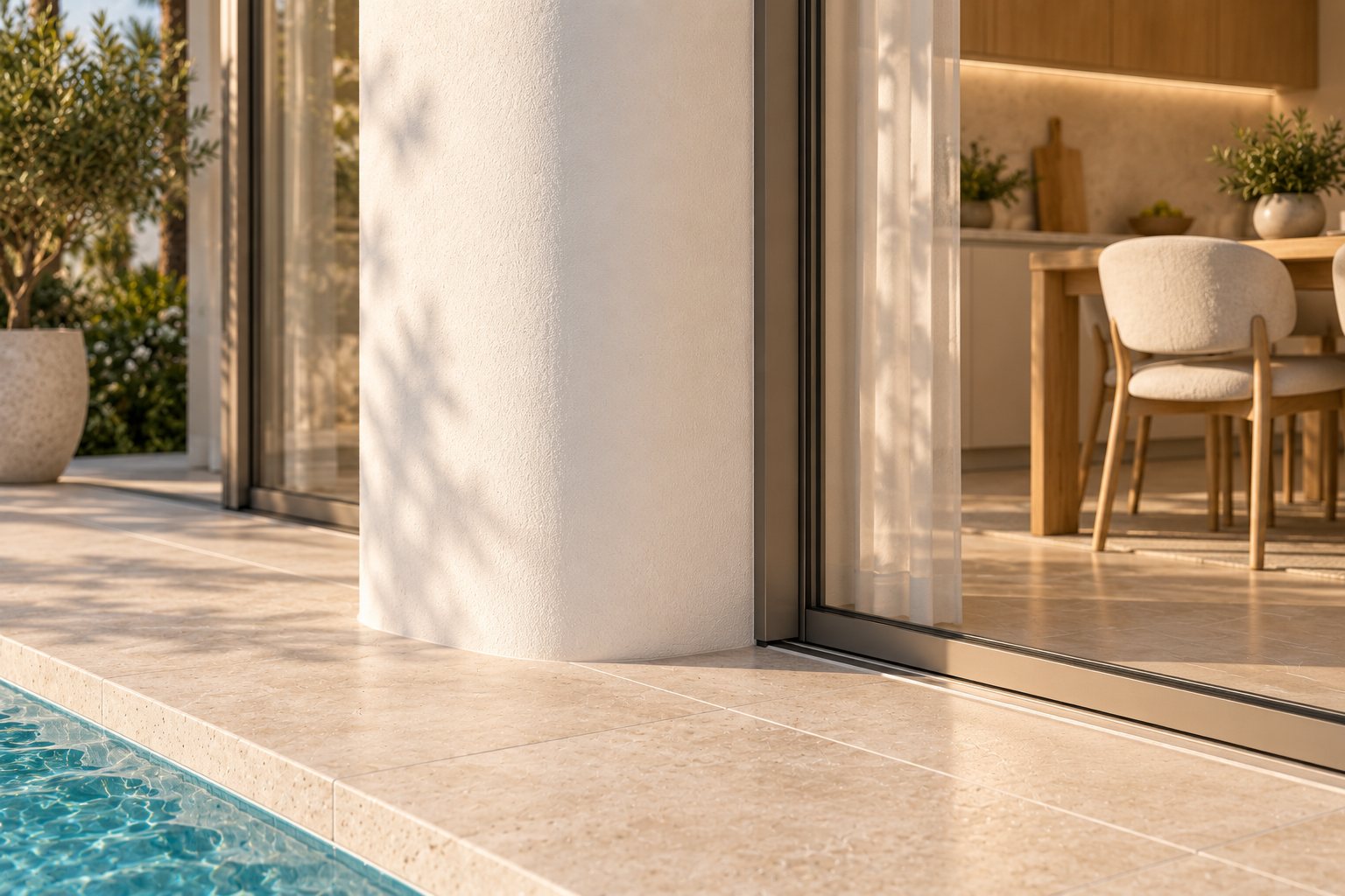 Detail of a rounded white column at the pool edge, with the dining room visible through the glazing.