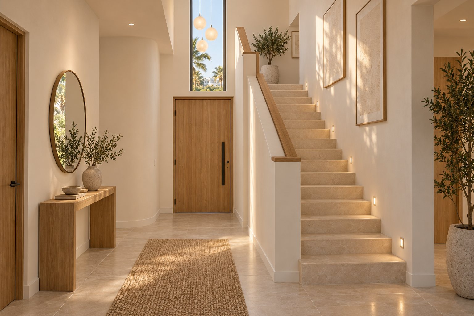 Entry hall with an oak front door, a round mirror over an oak console and a pale stone stair with an oak handrail.