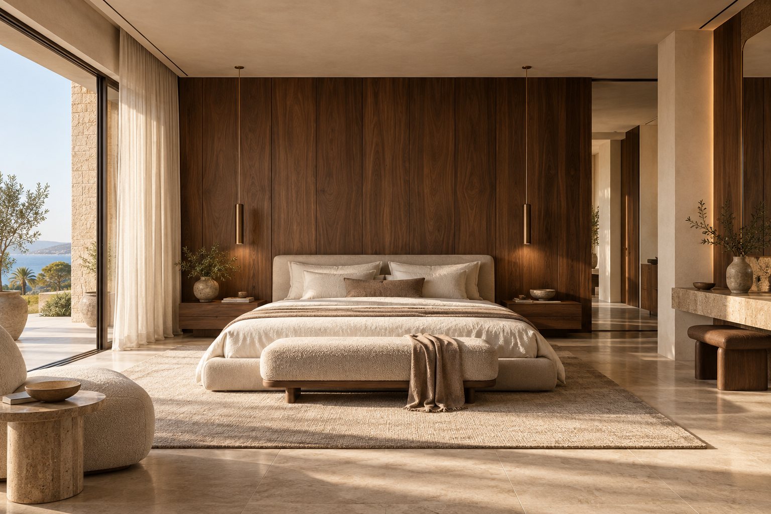 Principal bedroom with a full-height walnut wall behind the bed, slim pendant lights, a bouclé bench and sheer curtains at glazing onto the sea.