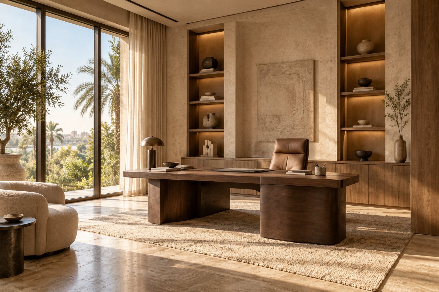 Private office with a walnut desk, leather chair, lit walnut shelving with ceramics, a textured plaster panel and glazing onto a palm garden.