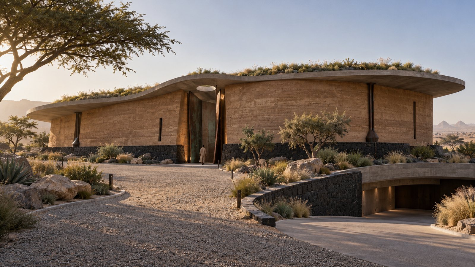 Low curving rammed-earth villa with a planted roof and a tall patinated door, approached across a gravel desert court with acacia trees.
