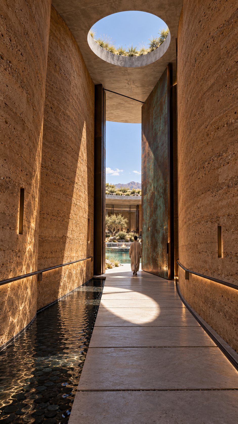 Narrow rammed-earth passage with a water channel and a round skylight, leading through a tall patinated pivot door toward the lagoon.