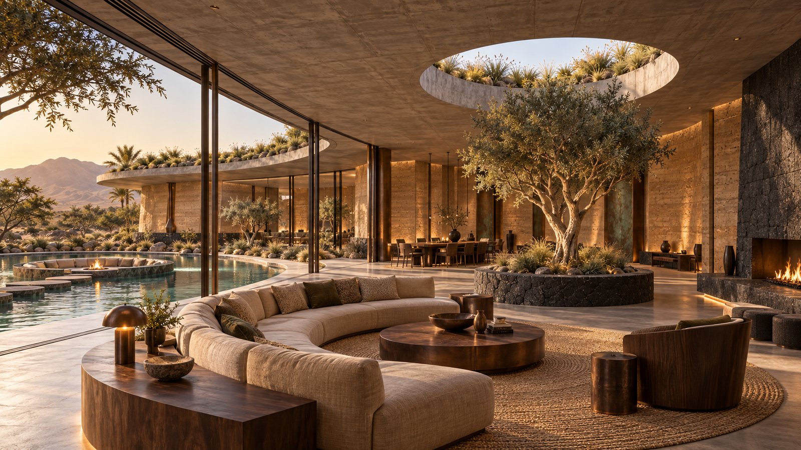Living pavilion with a curved bouclé sofa around a round table, an olive tree beneath a circular skylight, and glazing to the lagoon at sunset.