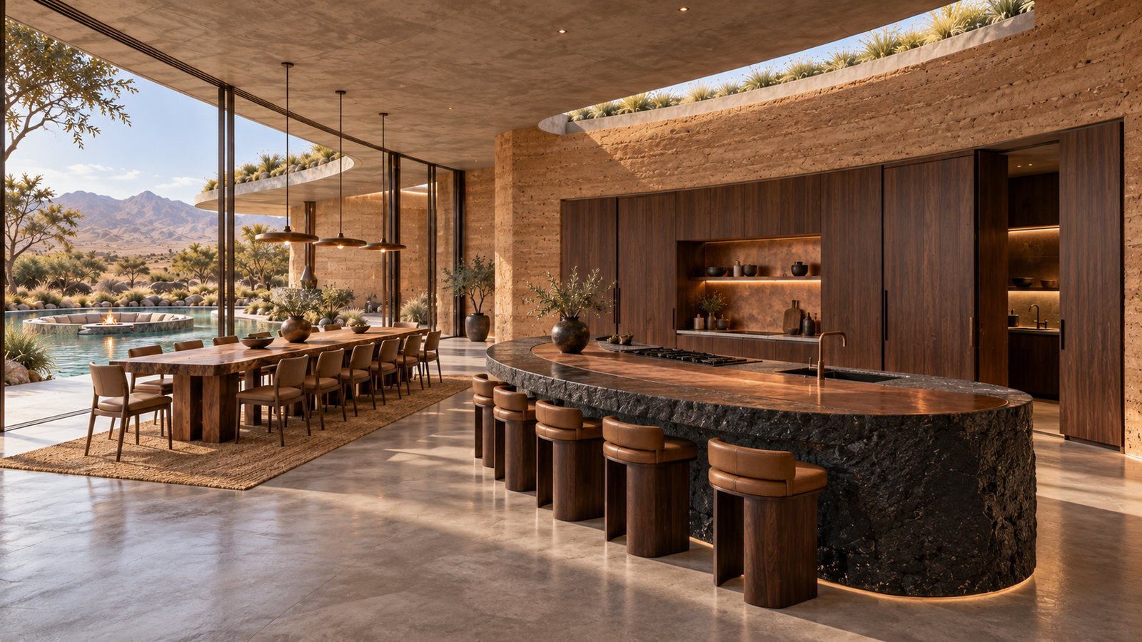Kitchen with walnut joinery and a crescent-shaped basalt island with leather stools, beside a dining table facing the lagoon.