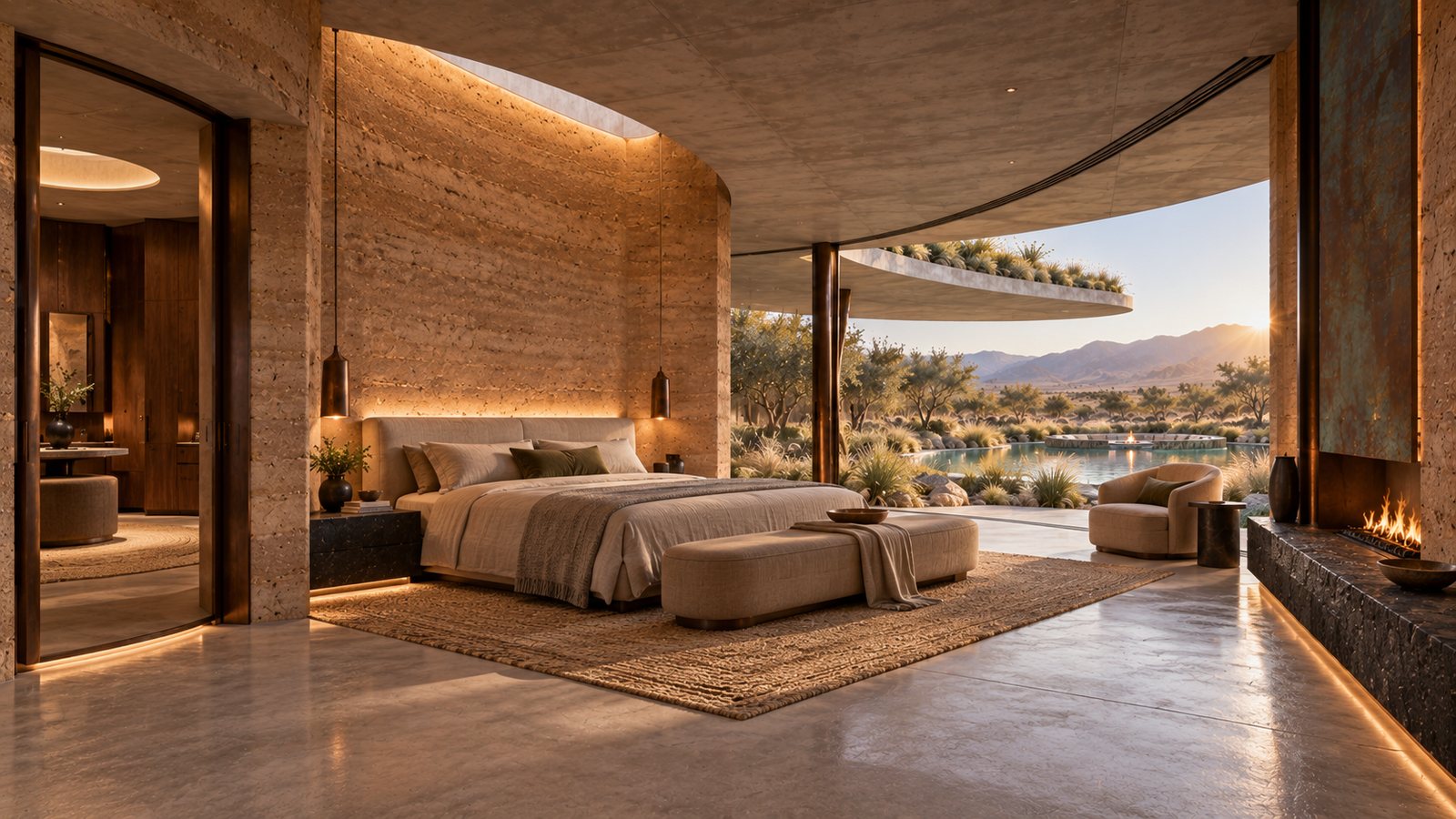 Bedroom with rammed-earth walls, a fireplace and a low bed facing floor-to-ceiling glass and the lagoon at sunset.