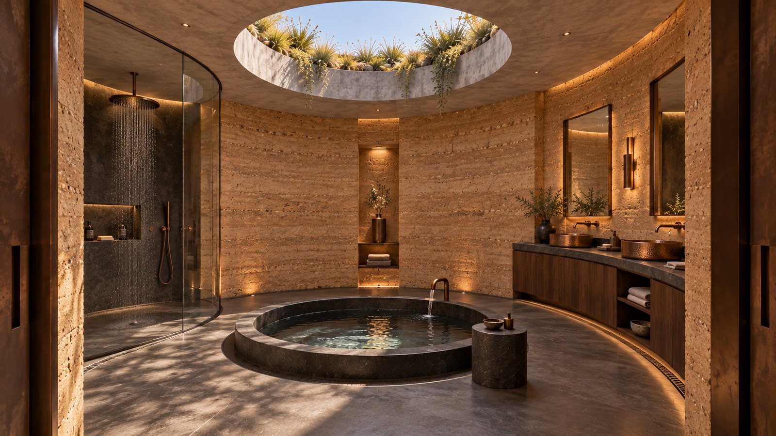 Round spa room in ochre rammed earth with a sunken plunge pool beneath a circular skylight, a stone vanity and a glass shower.