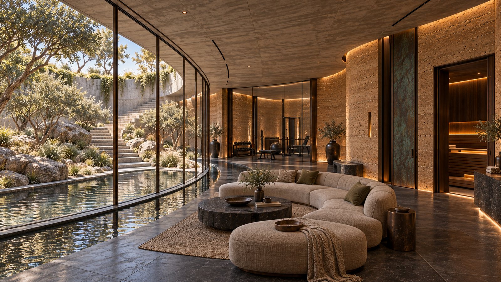 Sunken wellness lounge with curved bouclé seating behind a curved glass wall that looks onto water, planting and stone steps.