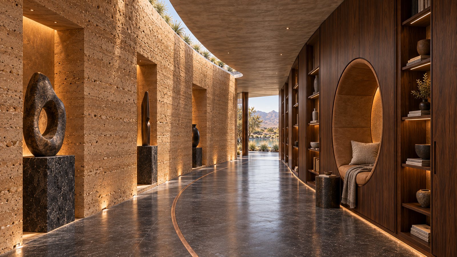 Curved rammed-earth gallery with sculptures in lit niches on one side and a walnut library with a round reading nook on the other.